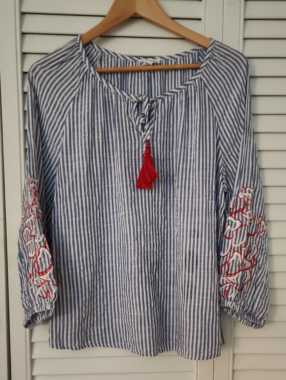 Tribal Jeans Striped Blue & White Peasant Top with Red Tassel